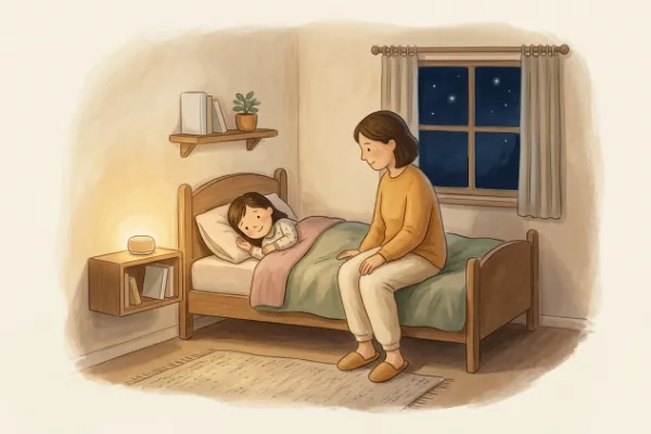 Ein Mädchen hört abends im Bett mit Mama oder Papa eine Geschichte – Hörgeschichte mit dem Namen Malea