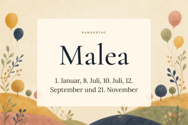 Karte zum Namenstag von Malea: 1. Januar, 8. Juli, 10. Juli, 12. September und 21. November