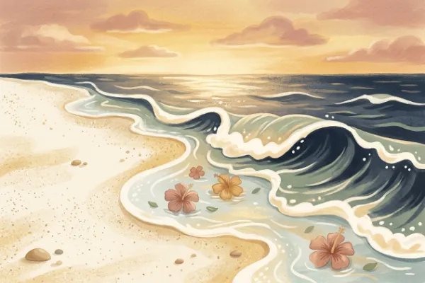 Illustration mit ruhigen Wellen und Blüten zur Herkunft des Namens Malia