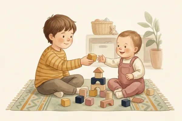 Zwei Geschwisterkinder spielen mit Holzbausteinen – Inspiration für Geschwisternamen zum Vornamen Malou.