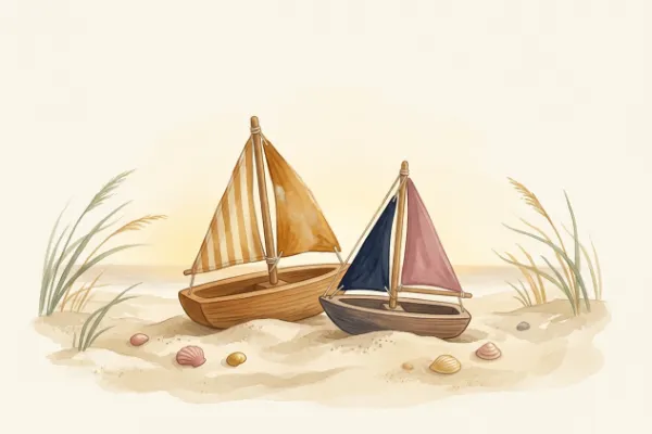 Zwei kleine Holzschiffe und Muscheln auf hellem Sand – Geschwisternamen zu Malte