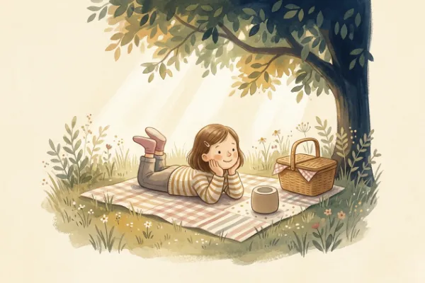 Ein Mädchen hört auf einer Picknickdecke im Garten eine Geschichte – Hörgeschichte mit dem Namen Mara