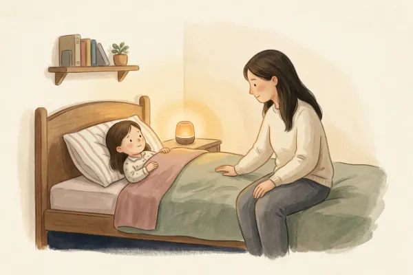 Ein Mädchen hört abends im Bett mit Mama oder Papa eine Geschichte – Hörgeschichte mit dem Namen Marie