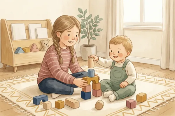 Zwei Geschwister spielen friedlich mit Holzbausteinen im Kinderzimmer – passende Geschwisternamen zu Marlene.