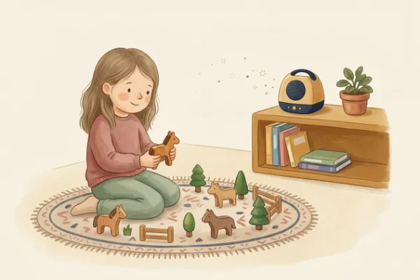Ein Mädchen spielt mit Holztieren und hört eine Geschichte – Hörgeschichte mit dem Namen Mathilda