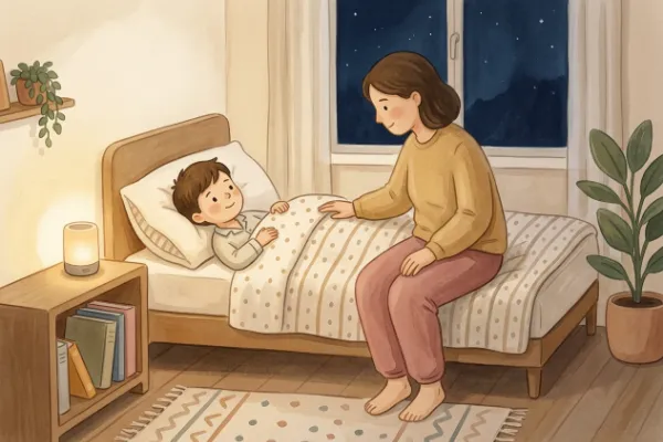 Ein Junge hört abends im Bett mit Mama oder Papa eine Geschichte – Hörgeschichte mit dem Namen Mats