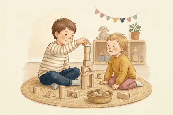 Zwei Geschwisterkinder bauen gemeinsam mit Bauklötzen, Illustration zu Geschwisternamen für Mattheo