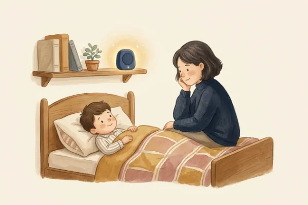 Ein Junge hört abends im Bett mit Mama oder Papa eine Geschichte – Hörgeschichte mit dem Namen Mattis