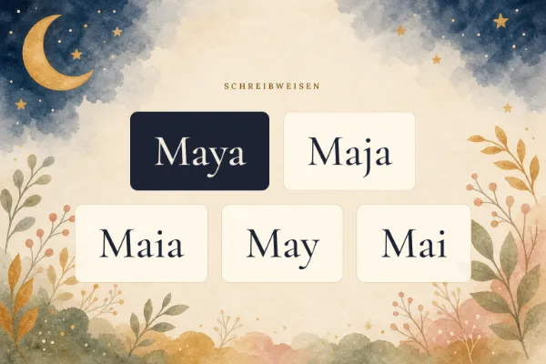 Der Vorname Maya in verschiedenen Schreibweisen: Maya, Maja, Maia, May, Mai