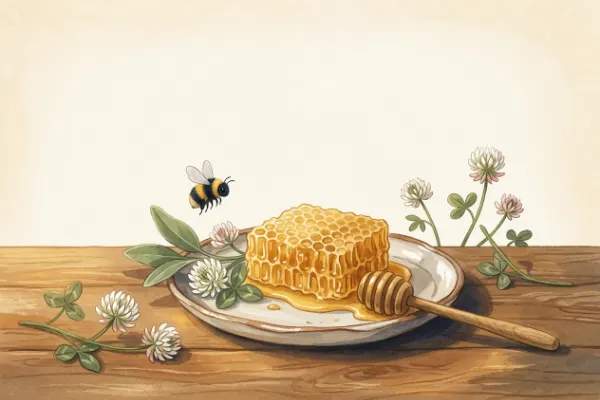 Goldene Honigwabe mit Holzdipper und Kleeblüten auf Holztisch – Bild zur Melina-Bedeutung und griechischen Herkunft.