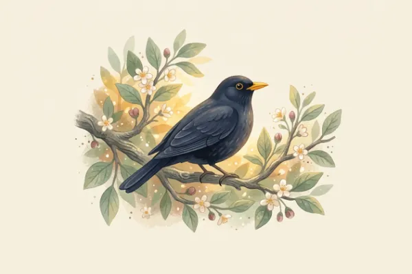 Amsel mit gelbem Schnabel auf einem Zweig – der Vogel, über den sich die Bedeutung des Namens Merle herleitet