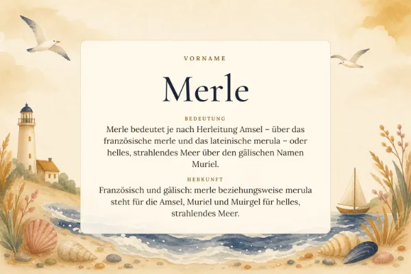 Namensgrafik zum Vornamen Merle: Bedeutung „Merle bedeutet je nach Herleitung Amsel – über das französische merle und das lateinische merula – oder helles, stra