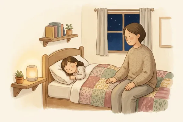 Ein Mädchen hört abends im Bett mit Mama oder Papa eine Geschichte – Hörgeschichte mit dem Namen Mia
