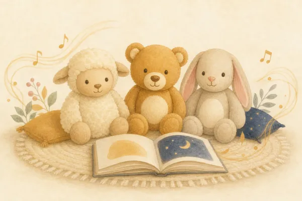 Plüschtiere Schaf, Bär und Hase neben einem Bilderbuch als Begleiter einer personalisierten Hörgeschichte
