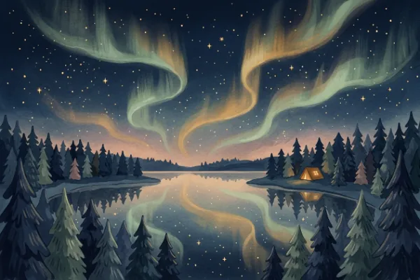 Aquarell von Nordlicht über einem stillen See – Bildidee zur nordischen Herkunft des Namens Mika