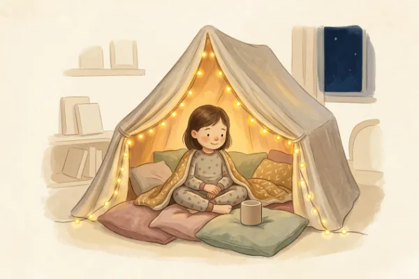 Ein Mädchen hört im Kinderzimmer unter Lichterketten eine Geschichte – Hörgeschichte mit dem Namen Mila