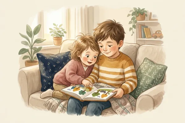 Illustration von Geschwistern, die gemeinsam auf einem Sofa sitzen – Geschwisternamen zu Milan