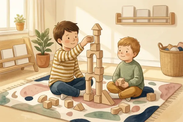 Zwei Brüder bauen gemeinsam einen Turm aus Holzbausteinen auf dem Teppich – passende Geschwisternamen zu Milo.