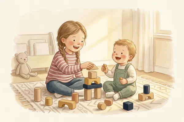 Zwei Geschwister spielen im Kinderzimmer mit Holzbausteinen – Symbol für passende Geschwisternamen zu Mira.