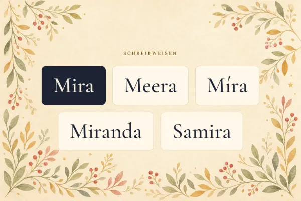 Der Vorname Mira in verschiedenen Schreibweisen: Mira, Meera, Míra, Miranda, Samira