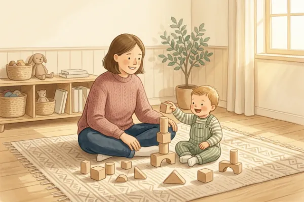 Mutter und Kind spielen mit Holzbausteinen im Kinderzimmer – Inspiration für Namen mit Bedeutung.