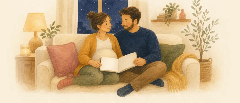 Werdende Eltern überlegen auf dem Sofa Namen mit Bedeutung für die Babynamensuche.