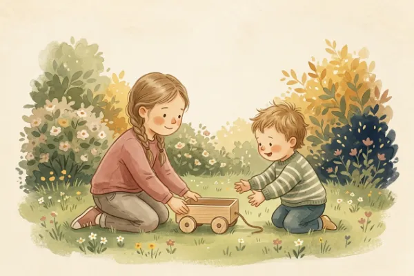 Illustration zweier Kinder beim Spielen im Garten – Geschwisternamen zu Nina