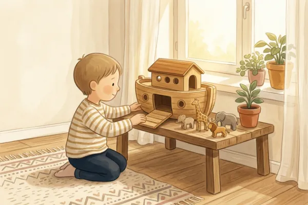 Holz-Arche mit Tierfiguren als Symbol für die biblische Geschichte von Noah