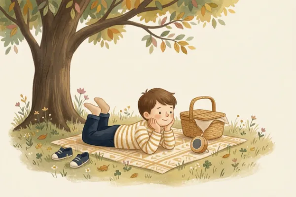 Ein Junge hört auf einer Picknickdecke im Garten eine Geschichte – Hörgeschichte mit dem Namen Noah