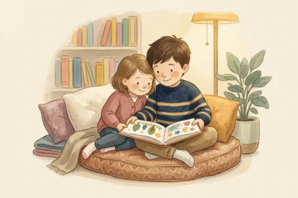 Illustration von Geschwisterkindern beim gemeinsamen Vorlesen – Geschwisternamen und Zweitnamen zu Nora