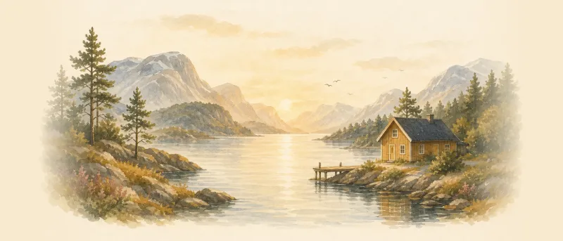 Nordische Namen: Malerische Fjordlandschaft mit Nadelbäumen, sanften Bergen und Holzhaus im Morgenlicht