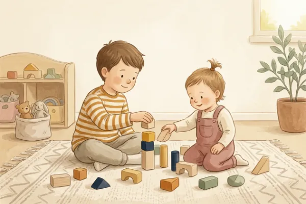 Zwei Geschwisterkinder spielen vertieft mit Holzbausteinen auf dem Teppich – passende Geschwisternamen wie Nova, Nele und Oskar.