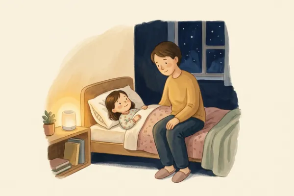 Ein Mädchen hört abends im Bett mit Mama oder Papa eine Geschichte – Hörgeschichte mit dem Namen Nova