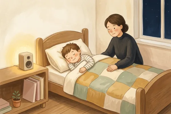 Ein Junge hört abends im Bett mit Mama oder Papa eine Geschichte – Hörgeschichte mit dem Namen Ole