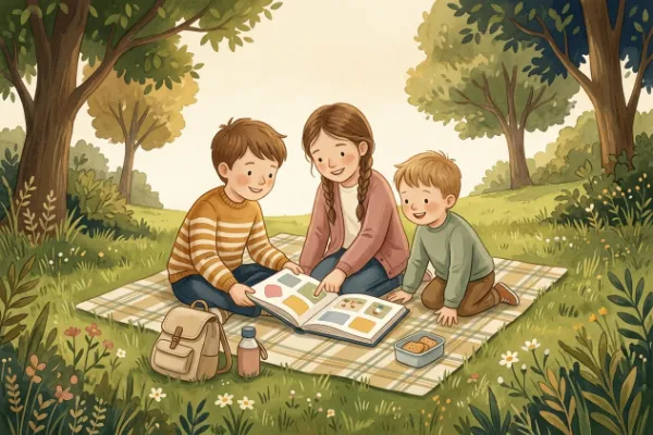 Drei Geschwisterkinder lesen auf einer Picknickdecke – passende Geschwisternamen wie David und Sarah zu Paul.