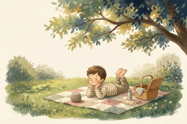 Ein Junge hört auf einer Picknickdecke im Garten eine Geschichte – Hörgeschichte mit dem Namen Paul