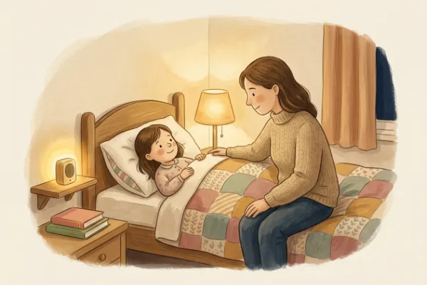 Ein Mädchen hört abends im Bett mit Mama oder Papa eine Geschichte – Hörgeschichte mit dem Namen Paula
