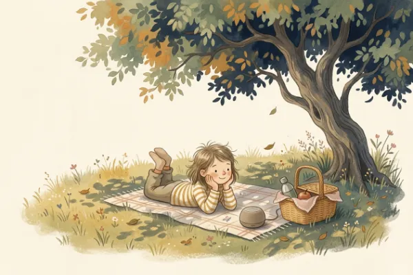 Ein Mädchen hört auf einer Picknickdecke im Garten eine Geschichte – Hörgeschichte mit dem Namen Paulina