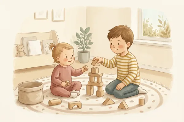 Geschwisternamen zu Romy: Zwei Geschwisterkinder spielen gemeinsam mit Holzbausteinen auf dem Teppich.
