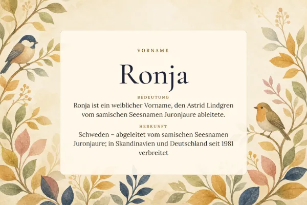 Namensgrafik zum Vornamen Ronja: Bedeutung „Ronja ist ein weiblicher Vorname, den Astrid Lindgren vom samischen Seesnamen Juronjaure ableitete.“