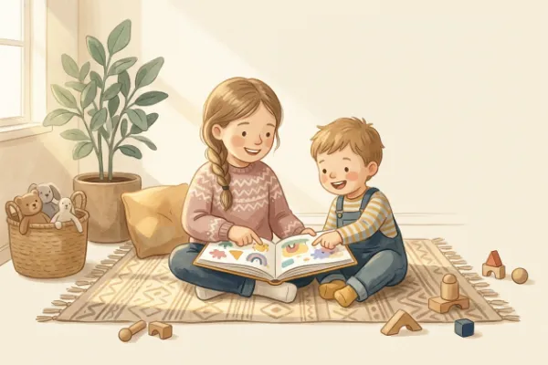 Illustration von zwei Geschwisterkindern, die gemeinsam ein Bilderbuch anschauen – Motiv zu Geschwisternamen und Zweitnamen für Rosa