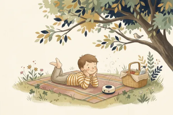 Ein Junge hört auf einer Picknickdecke im Garten eine Geschichte – Hörgeschichte mit dem Namen Samuel