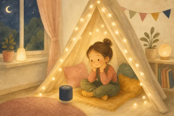 Ein Mädchen hört im Kinderzimmer unter Lichterketten eine Geschichte – Hörgeschichte mit dem Namen Sara