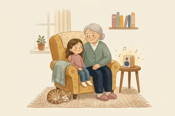 Ein Mädchen hört mit Oma oder Opa im Sessel eine Geschichte – Hörgeschichte mit dem Namen Sarah