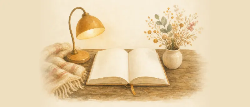 Aufgeschlagenes Notizbuch für seltene Jungennamen auf einem Holztisch neben einer warmen Leselampe und Trockenblumen.
