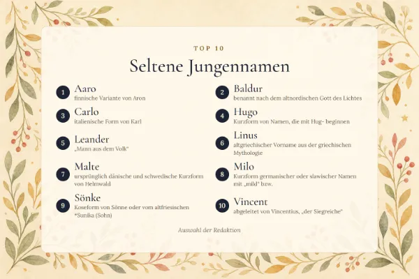 Seltene Jungennamen: die Top 10 mit Bedeutung – Aaro, Baldur, Carlo, Hugo, Leander …