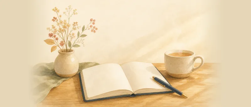 Notizbuch mit Stift und einer Tasse Tee auf einem Holztisch bei der Suche nach seltenen Mädchennamen