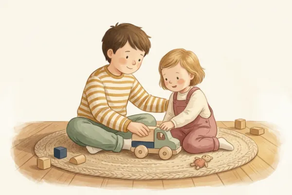 Zwei Geschwisterkinder spielen harmonisch auf dem Boden – passende Geschwisternamen zum Vornamen Simon.