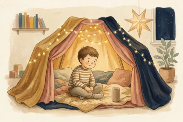 Ein Junge hört im Kinderzimmer unter Lichterketten eine Geschichte – Hörgeschichte mit dem Namen Simon