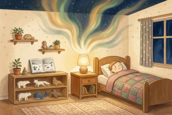 Kinderzimmer mit Nordlicht-Lampe, Holztieren und aufgeschlagenem Bilderbuch – der Vorname Smilla als Hauptfigur einer Hörgeschichte